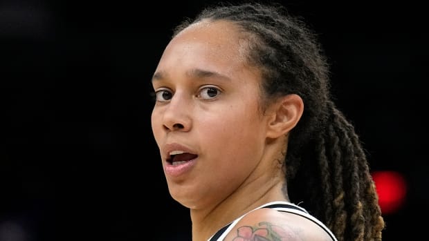 Mercury center Brittney Griner looks on during the first half of Game 2 of the 2021 WNBA Finals.